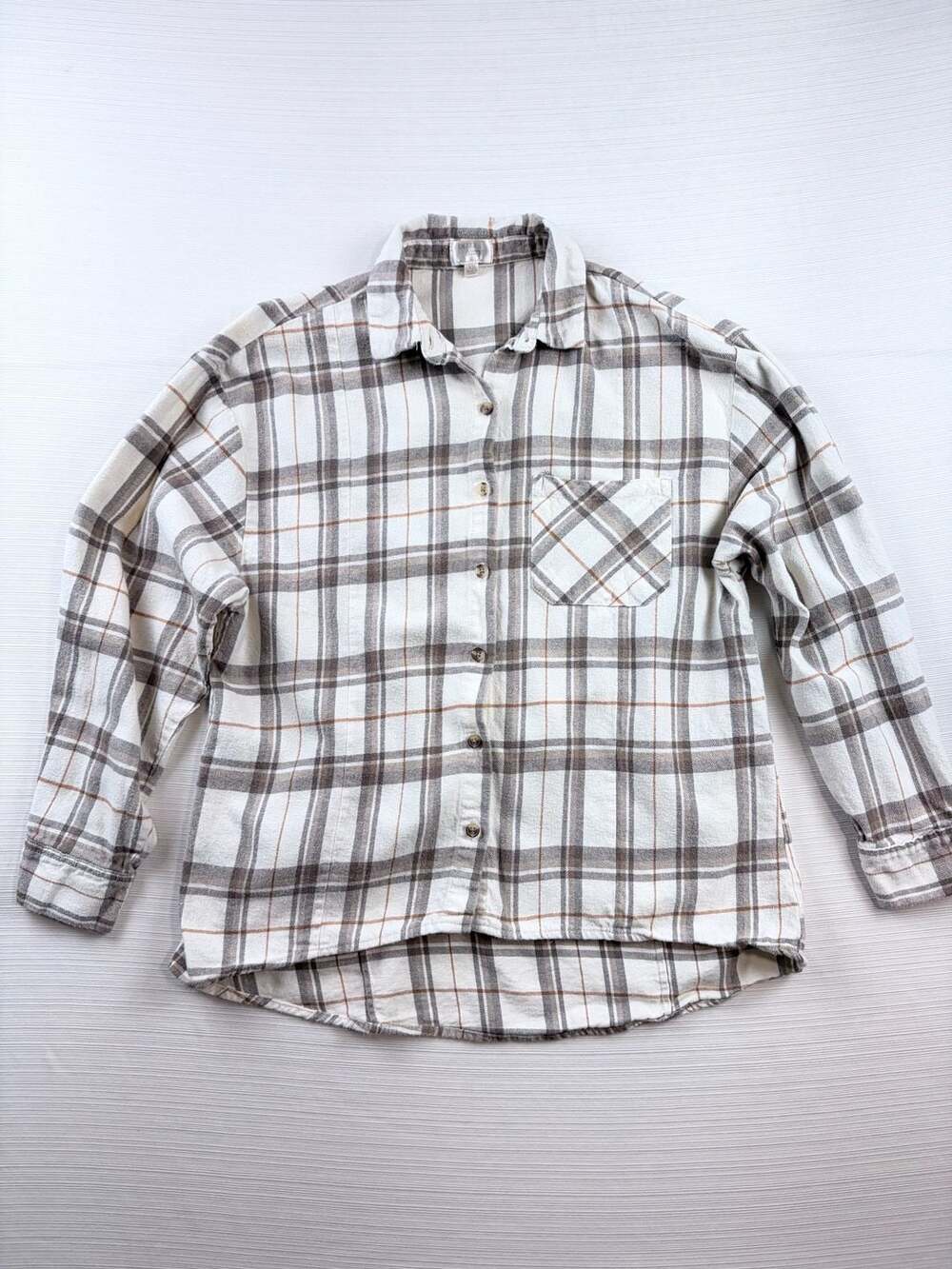 Dizzy Lizzy Brown White Plaid Long Sleeve Button Down Flannel Shirt Women's XS